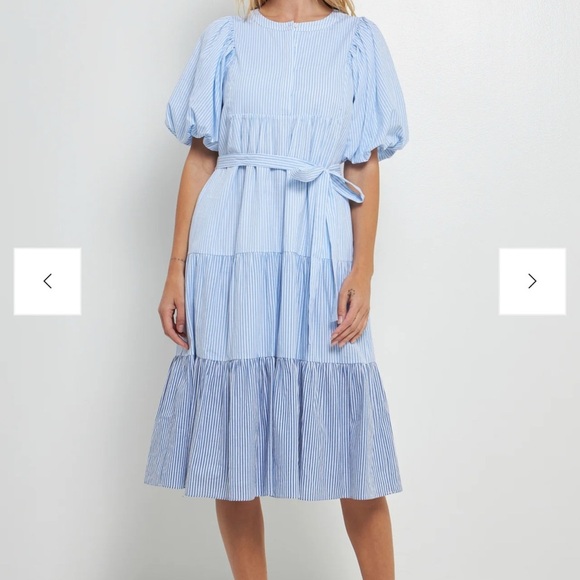 English Factory Puff Sleeve Round Neckline Midi Stripes Tiered Blue Dress Size S - Picture 1 of 15
